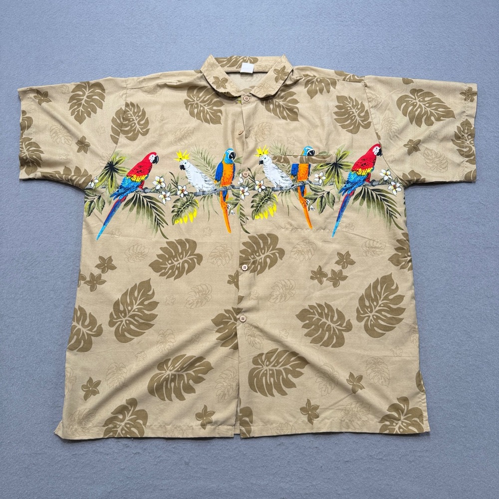 Vintage Hawaiian Shirt Mens XL Tan Parrot Macaw Tropical Floral Button Up Aloha